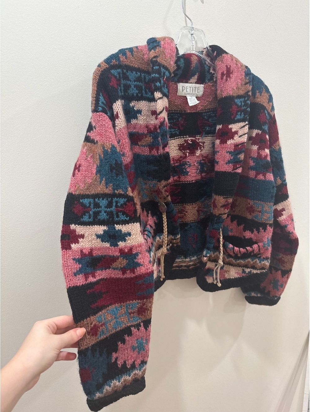 Petite Sophisticate Women's Knit Cardigan Sweater with Hood, Multicolor Aztec-In